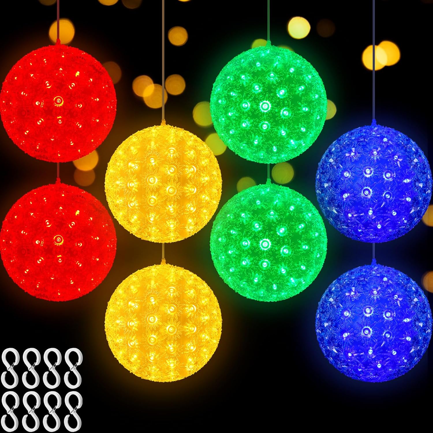 Baquler 8 Pcs Christmas Hanging Sphere Lights - 5.5 in 100 Led Starlight Ball With Stackable Plug S Hook for Trees, Xmas Party, Weddings, Porches, Indoor Outdoor Decorations red, green, blue and warm white