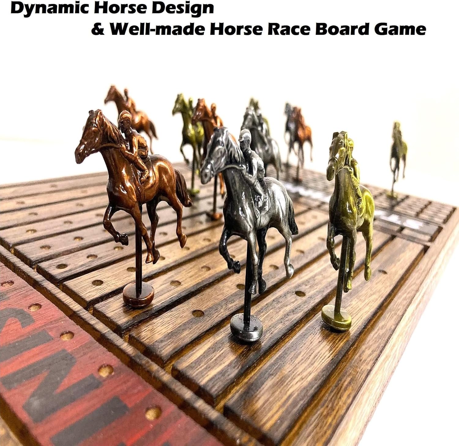 Horse Racing Game for Adults, Horse Race Board Game with 11 Luxurious Antique Durable Metal Horses(Bronze, Brass, Silver), 19” Wood Horse Race Game Board, Dice & Card Included (Log)