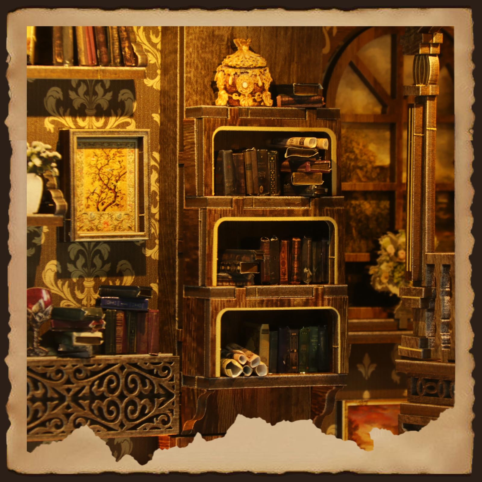 Book Nook zestaw do montażu, miniaturowe drewniane puzzle, styl vintage, pokój książkowy z oświetleniem LED, podpórka do domku dla lalek, dekoracja regału na książki