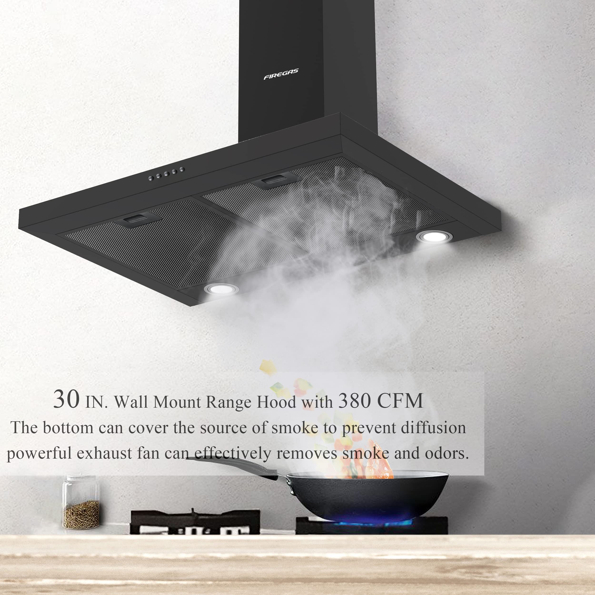 FIREGAS 30 inch Black Range Hood,Convertible Wall Mount Range Hood with