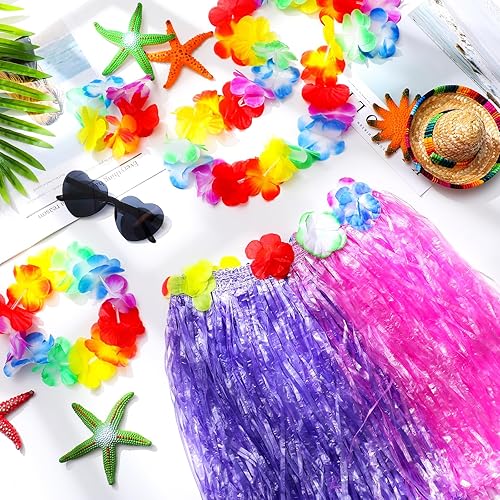 Miniatura 6 de 12 juegos de falda elástica de hierba de bailarina hula hawaiana Luau hierba faldas de flores conjunto de disfraz para niños fiesta Luau