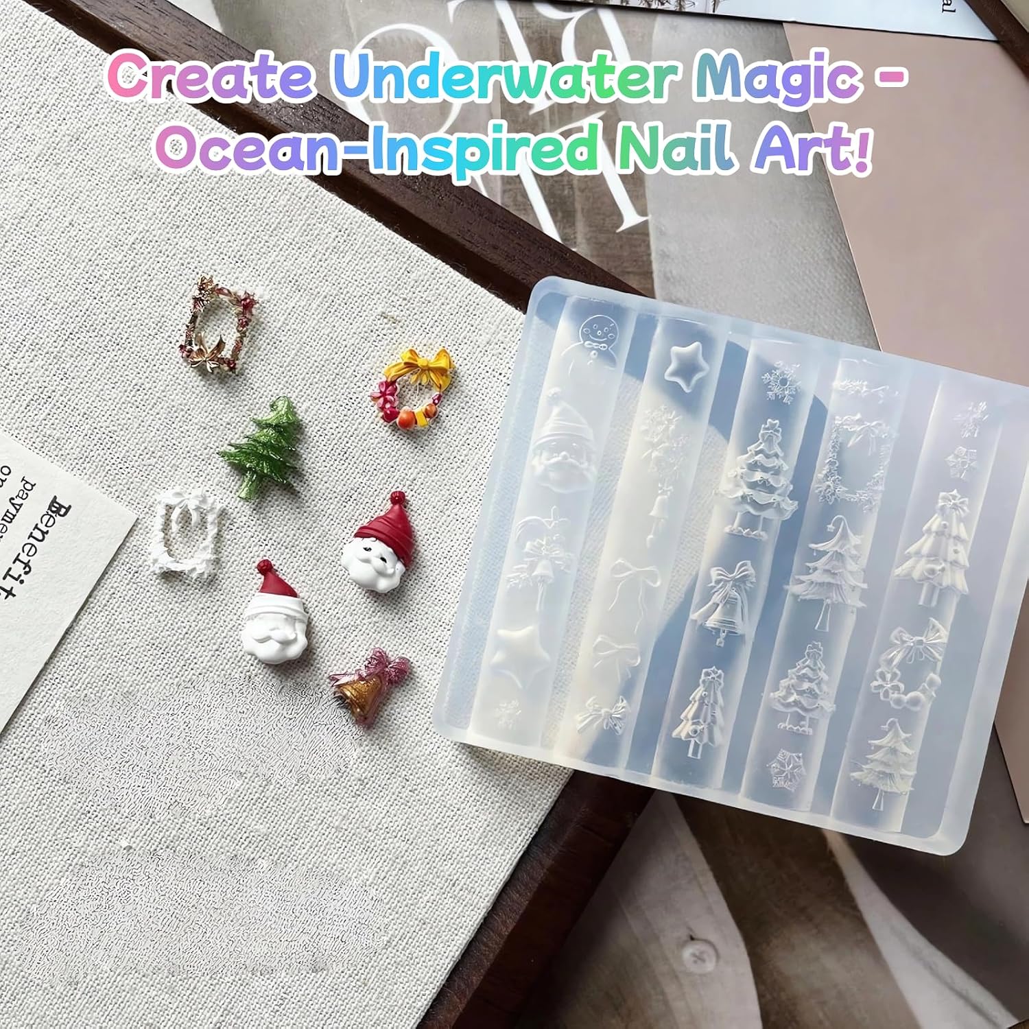 Silicone Nail Molds Christmas 3D Nail Art Sculpture Templates, DIY Resin Mold for Nails Design with Santa Claus Bells Christmas Tree Snowflake Reusable Nail Carving Stencils Xmas Nail Charms Supplies