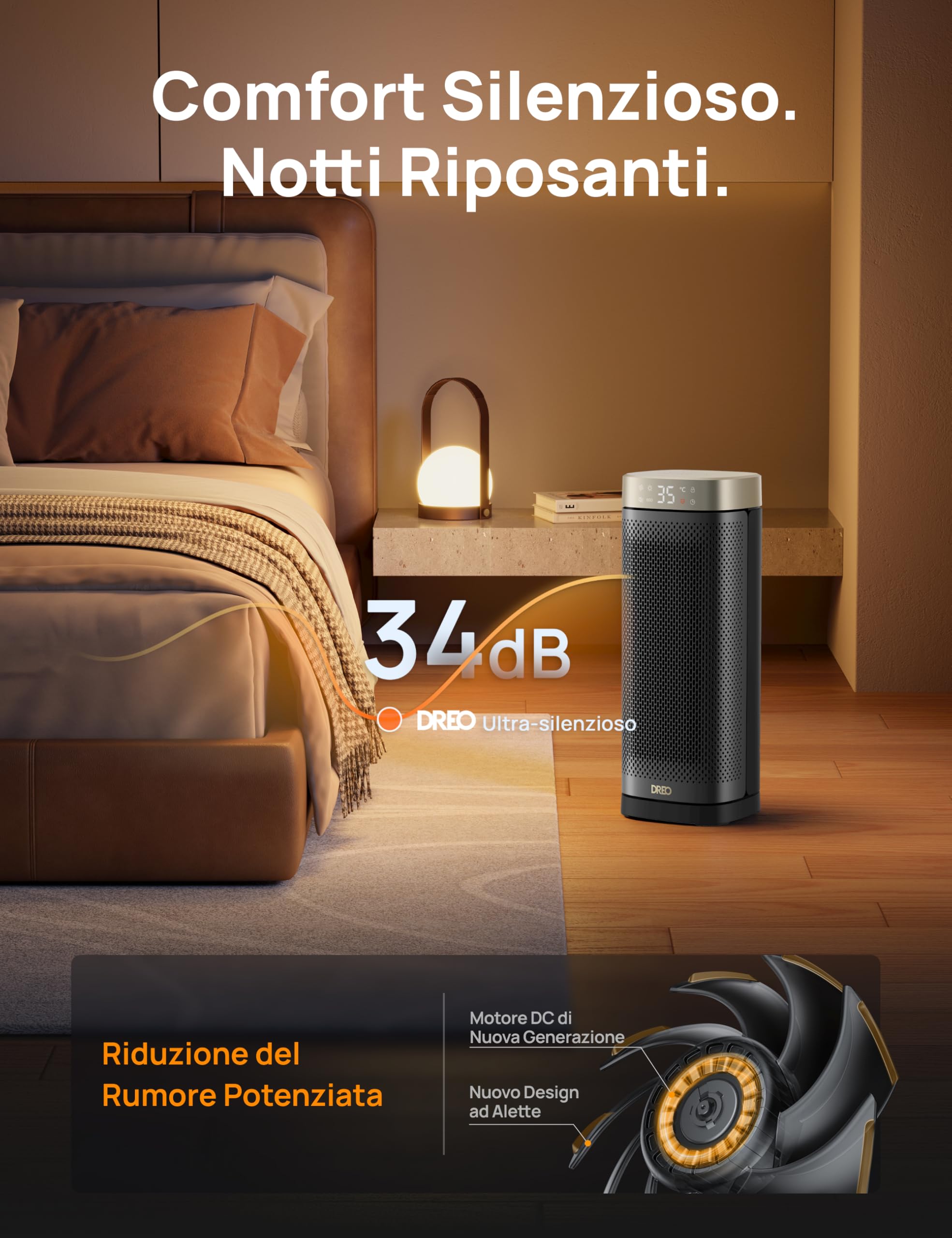DREO Termoventilatore in ceramica da 2000 W, silenzioso e a risparmio energetico con termostato, timer 12 ore, 3 modalità, oscillazione 70°, riscaldatore elettrico da 16 pollici per ambienti