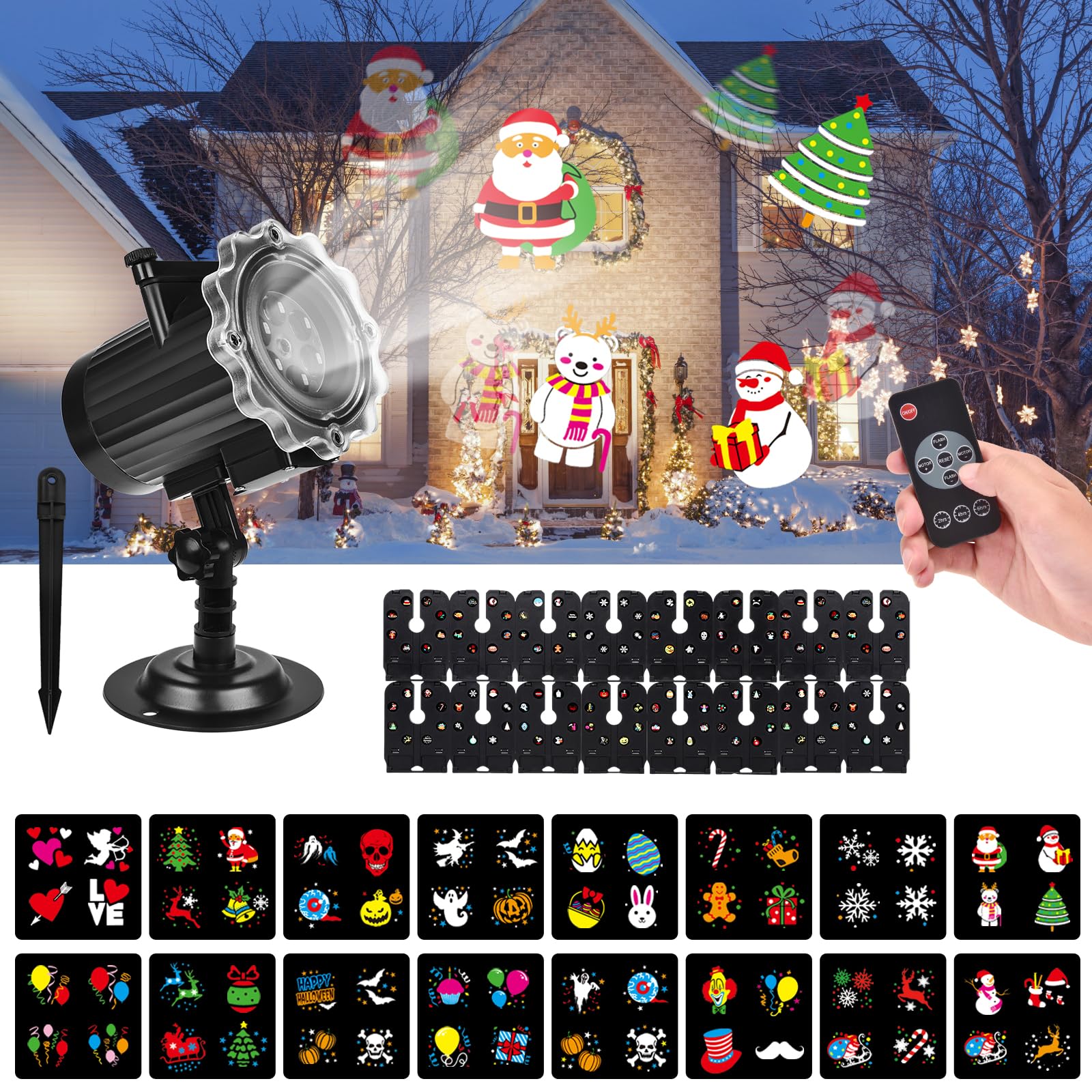 Proiettore Luci Natale, Proiettore Luci Natale Esterno 16 Diapositive Modelli con Telecomando e Timer, Impermeabile IP65 Proiettore Natale Esterno & Interno per Natale Giardino