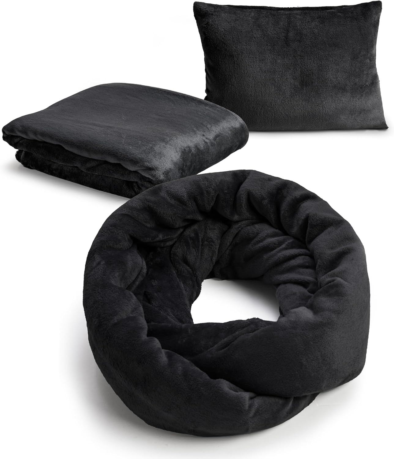 NAPRO 3‑in‑1 Travel Blanket Pillow Scarf – Convertible 50×80″ Blanket, 12×16″ Pillow, 80″ Infinity Neck Pillow – Lightweight, Plush – Black
