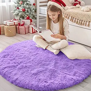 OLANLY Purple Round Rugs for Bedroom - Machine Washable, 4 ft Circle Area Rugs for Living Room, Soft and Fluffy Shaggy Carpet for Teen Girls and Boys, Nursery Rooms, Dorms, Home Decor Aesthetic