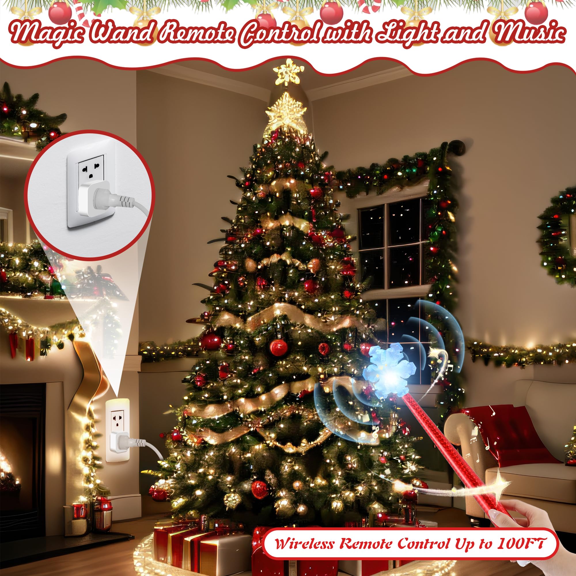 Meonum Christmas Magic Light Wand, 2 Wireless Remote Control Outlet for Christmas Tree Lights and Decoration Lights, Remote Magic Wand Switch Kit with Music for Friends/Kids/Party, 100 Feet Rf Range