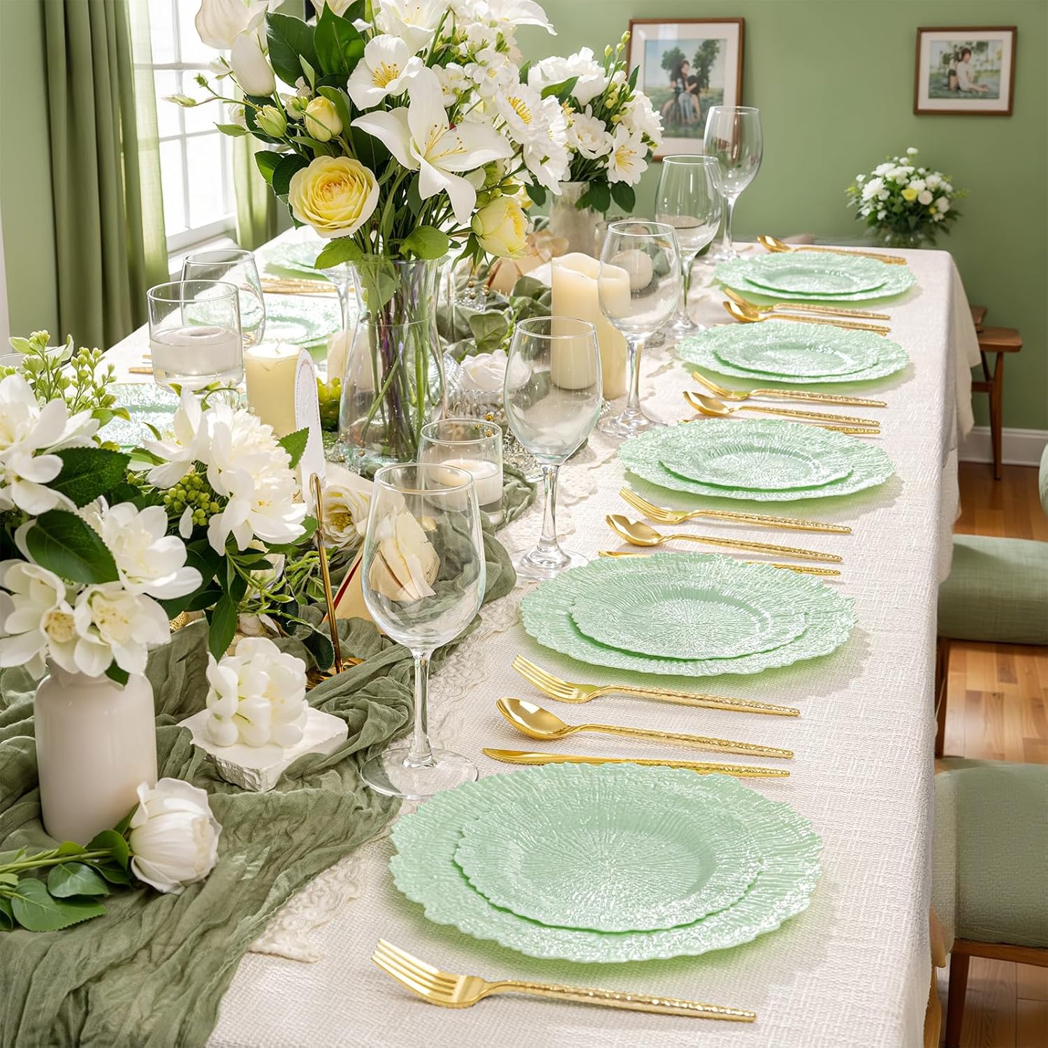 DaYammi 60 PCS Green Plastic Plates,Reef Plate Disposable & Reusable-Heavy Duty Plastic Plates for Party Including 30 Dinner Plate, 30 Dessert Plate,Green Disposable plates for Dinner Parties