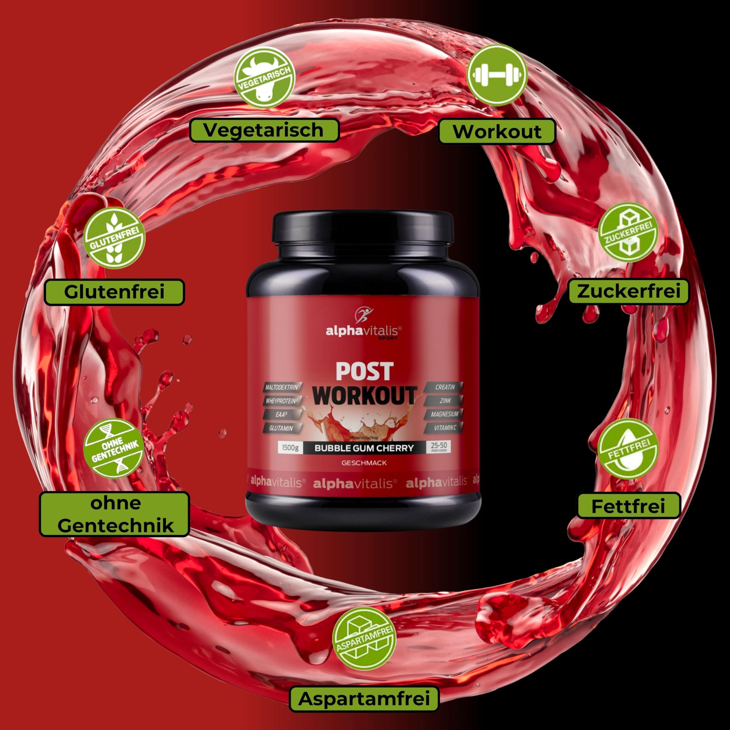 POST WORKOUT Shake - 1500g Kirsche - mit Maltodextrin - Whey Protein Pulver - EAA (essentielle Aminosäuren), Creatin Monohydrat, L-Glutamin, Magnesium uvm. - Sportgetränk - Made by alphavitalis