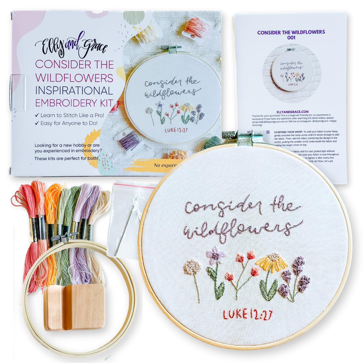 Elly & Grace - Kit de bordado cristiano con aro de bordado, kit de bordado fácil para principiantes y adultos, kit completo de aro de bordado con agujas e hilo incluidos (flores silvestres)