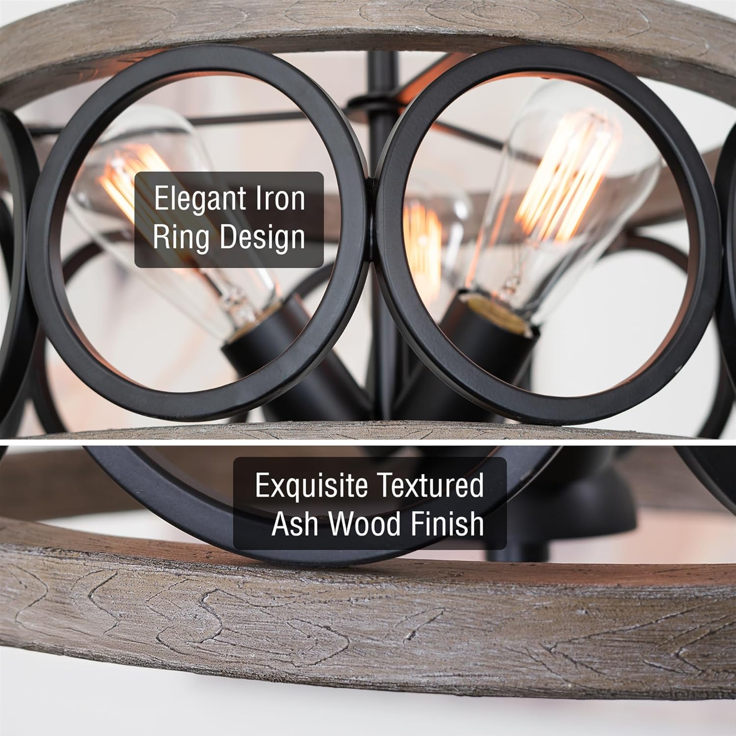 Kira Home Larkin 15" 3-Light Modern Farmhouse Semi-Flush Mount Ceiling Light, Metal Drum Shade, Weathered Ash Wood Finish + Black Finish