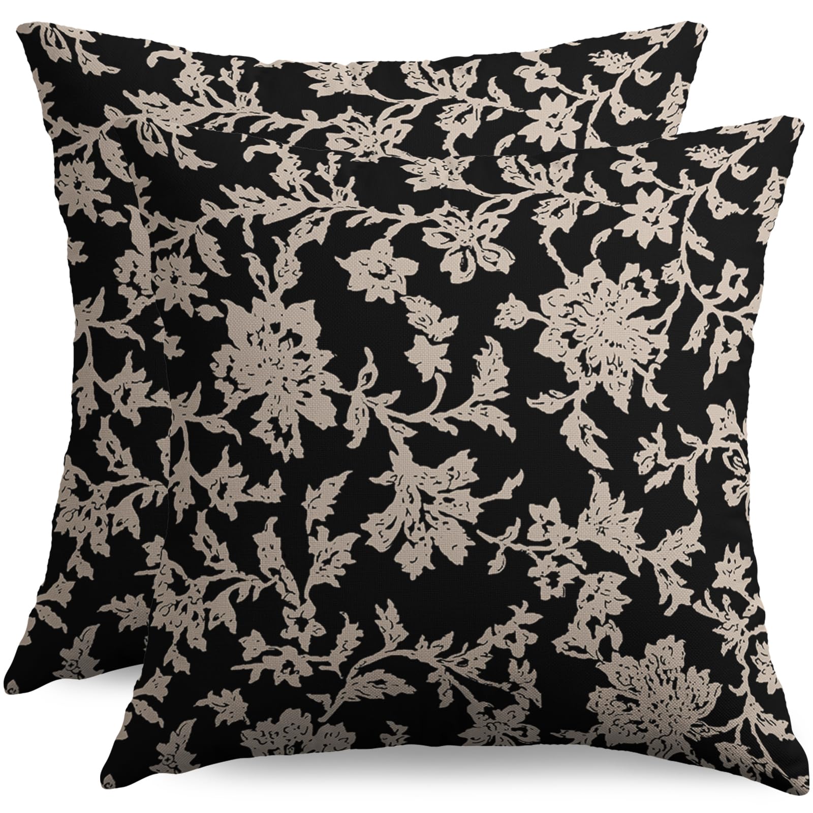 sorfbliss Vintage Floral Block Print Pillow Covers 18x18 Set of 2 Black Brown Cream Flower Pattern Rustic Old Style Decorative Throw Pillow Cases