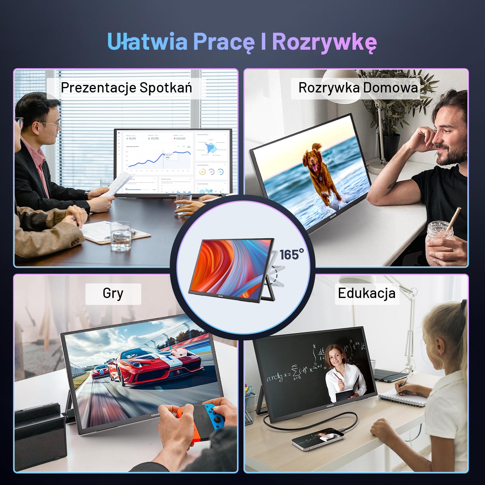 Przenośny monitor 4K 18", 3840 × 2160 UHD, przenośny monitor z systemem GTV OS, HDR, 85% NTSC, USB-C i HDMI, zewnętrzny ekran do komputera, komputera, PS5, PS4, Xbo/telefonu/konsoli do gier