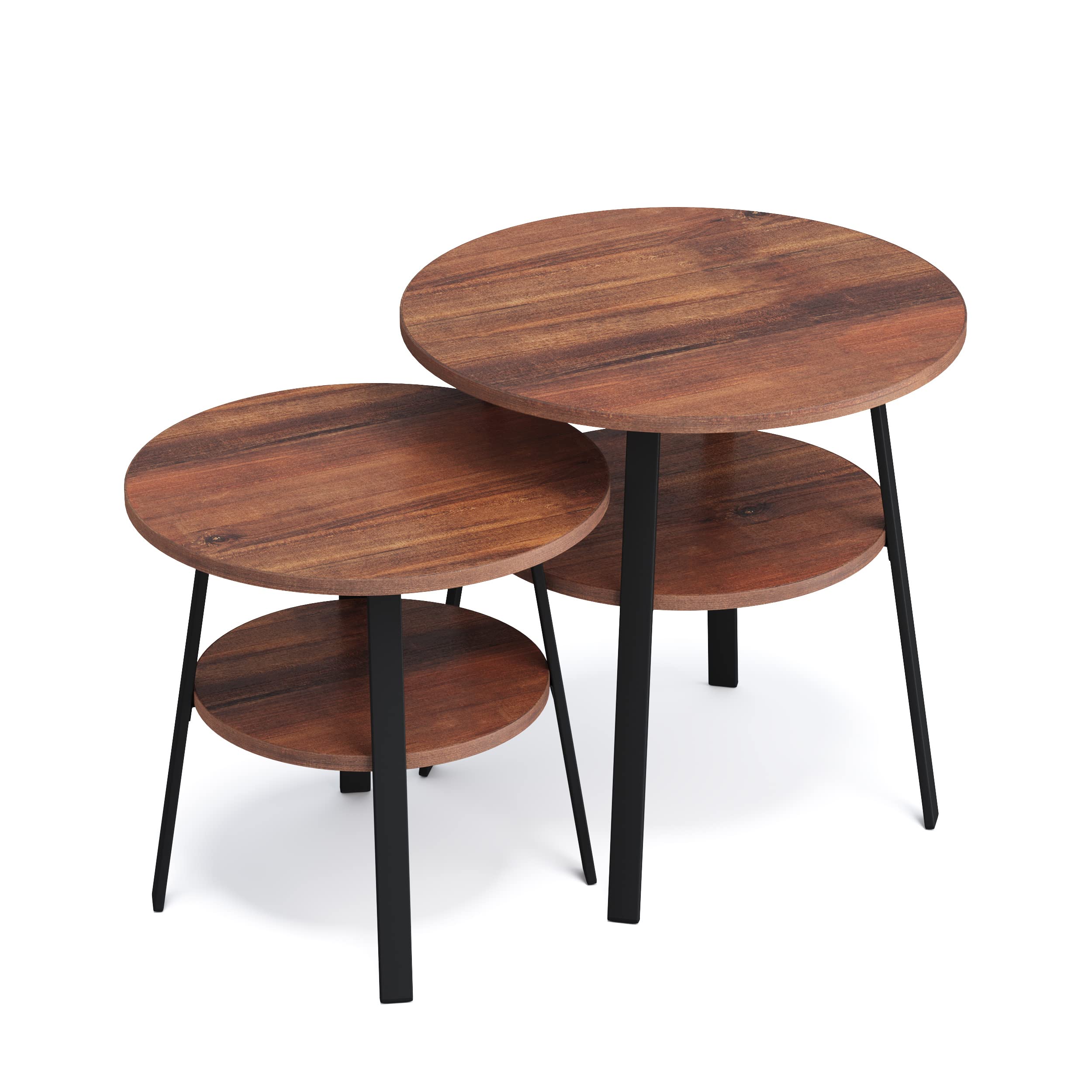 Beistelltisch rund stabiles Metallgestell/Holz Ø43xH 44 cm, 2 Ablagen Nachttisch Couchtisch für Wohnzimmer Schlafzimmer, Walnuss-Optik