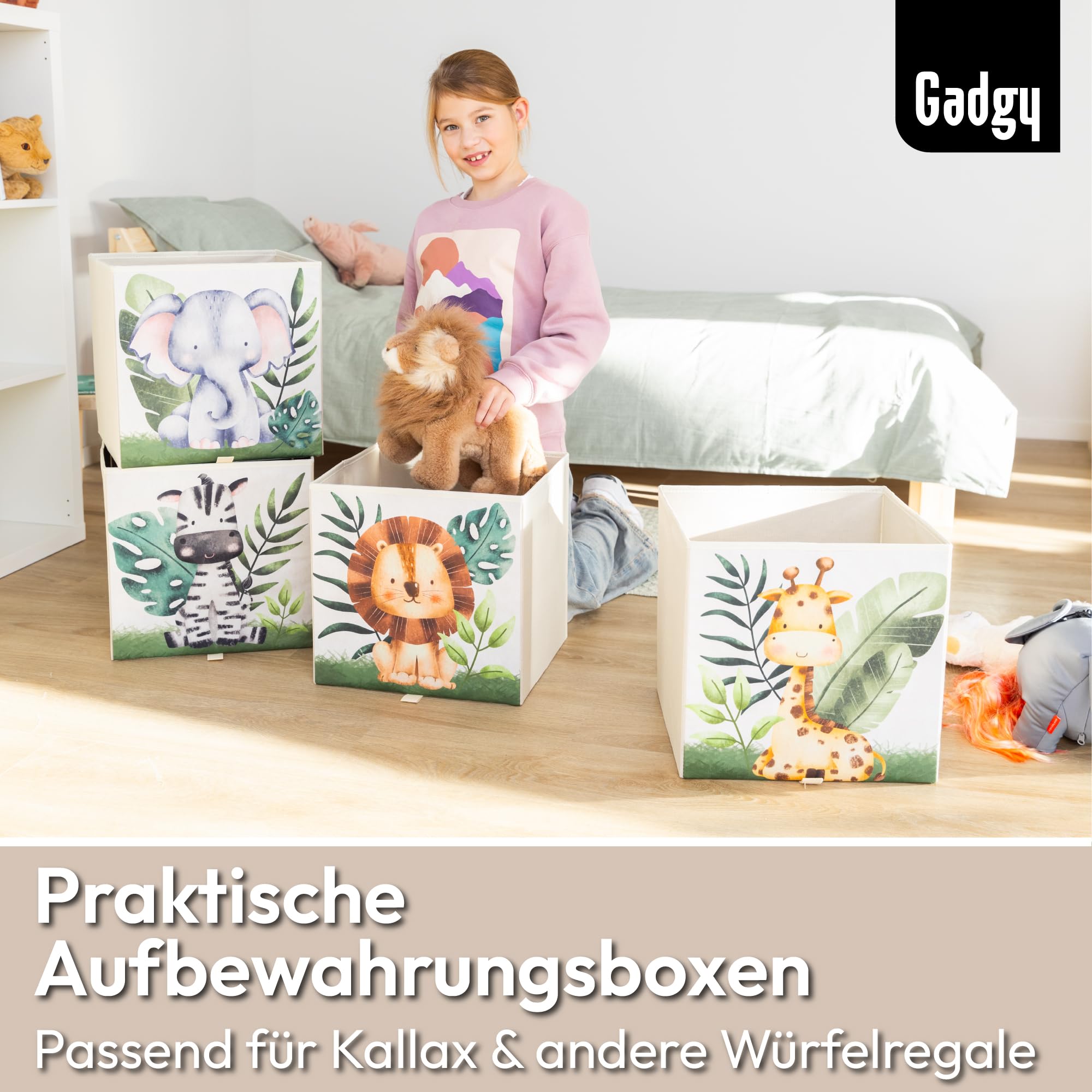 Gadgy Aufbewahrungsbox Kinder 4er Set Faltbox für Kallax - Tiermotiv | Spielzeugboxen 33 x 33 x 33 cm für Kleidung Bücher und Kuscheltiere - Platzsparend Faltbar mit Grifflasche
