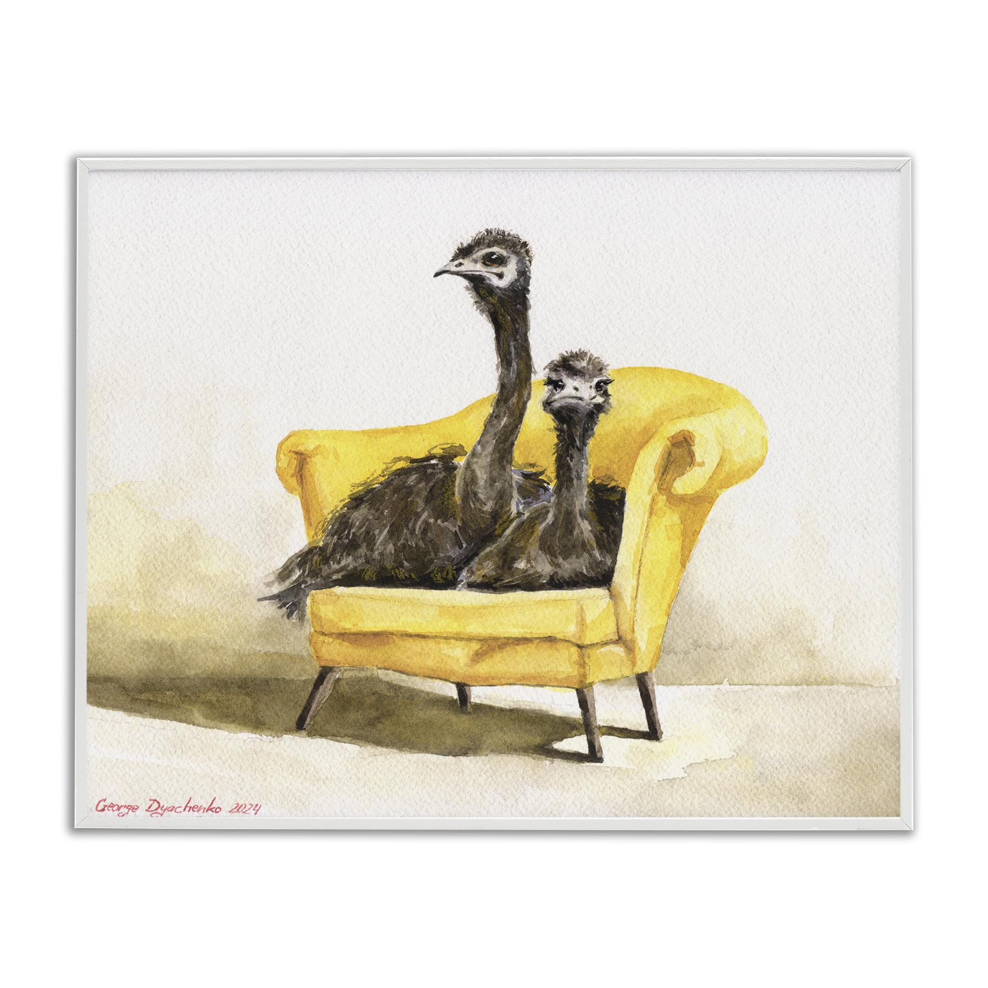 Stupell Industries Funny Ostriches on Yellow Chair White Framed Giclee Art, design by George Dyachenko, 11 x 14