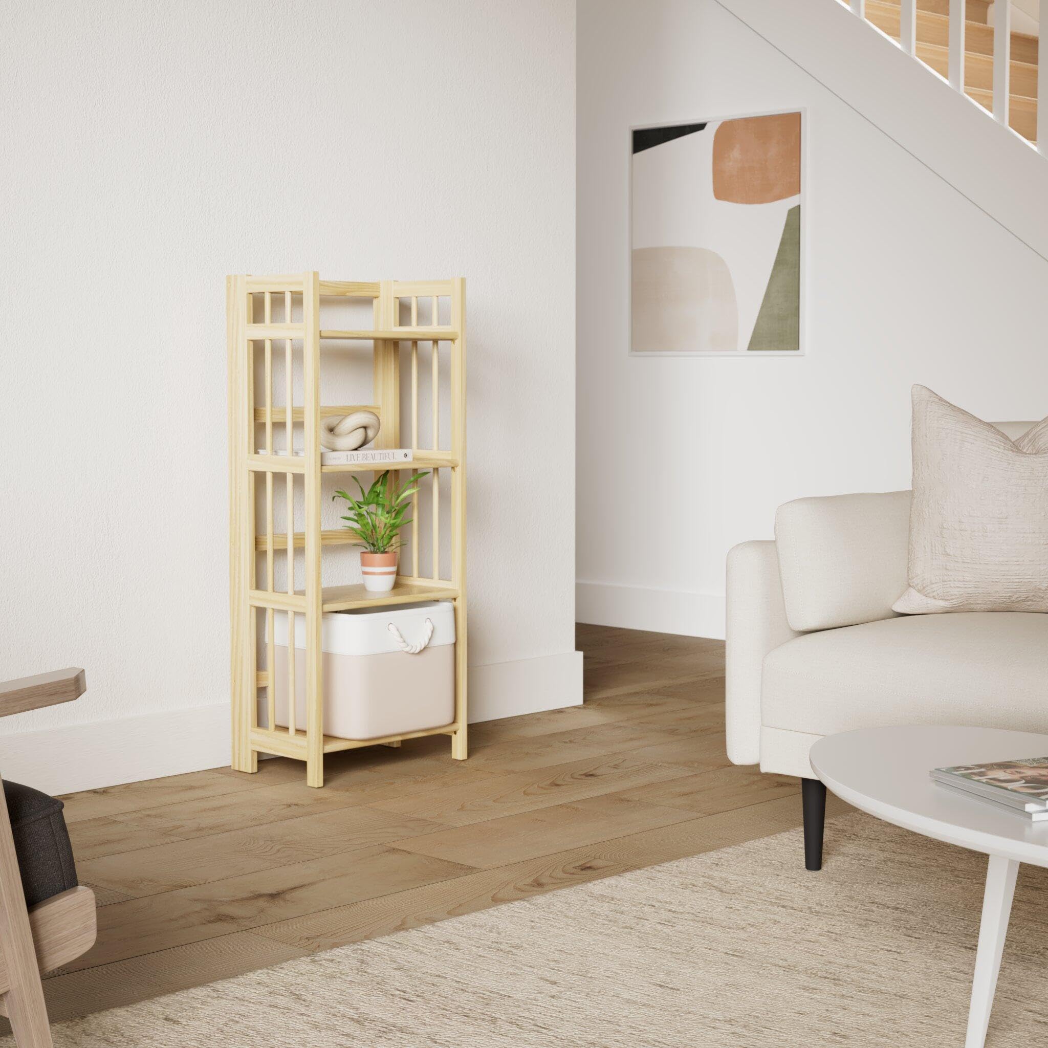 Stony Edge 4-Tier Folding Bookshelf | Natural Wood Finish | 45x16x11.5 Inches | Book Shelf for Books and Trinkets | No Assembly Required | Foldable & Small Bookshelf for Home and Office