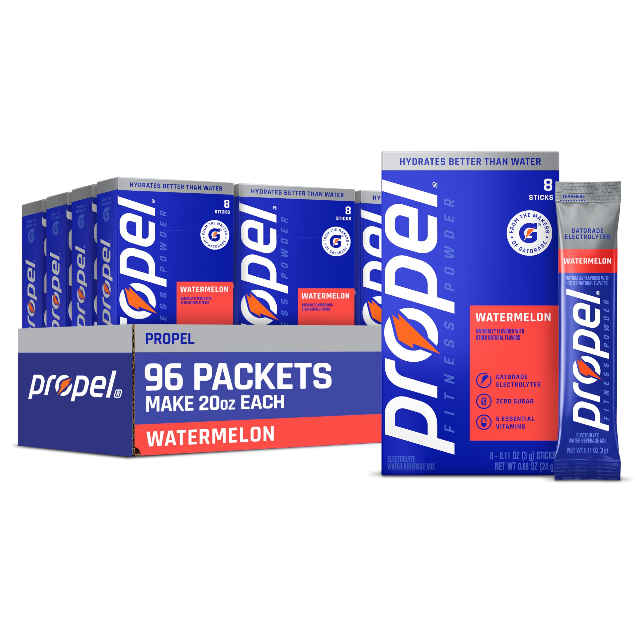 Propel Electrolyte Powder Drink Mix, Watermelon (96 Servings), Zero Sugar, Enhanced Water Beverage, Gatorade Electrolytes, Vitamins, No Added Colors, No Artificial Flavors, Hydration
