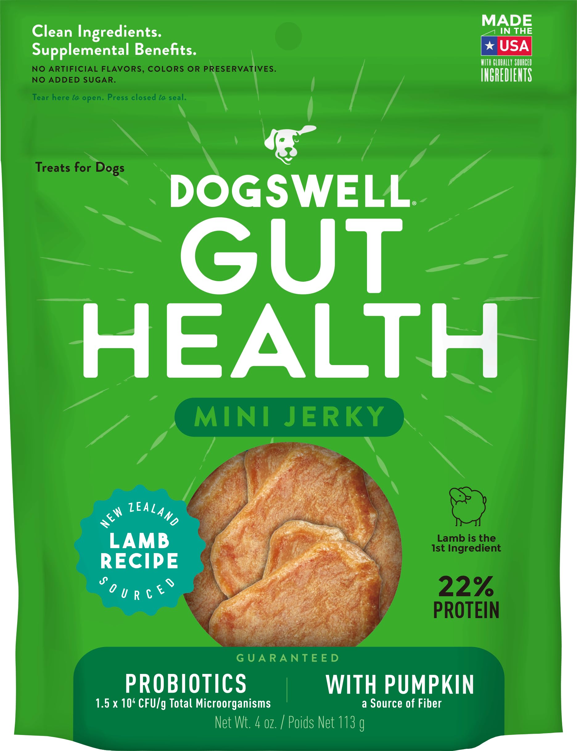 - Gut Health Mini Jerky Functional Dog Treats, Lamb 4 oz. Bag