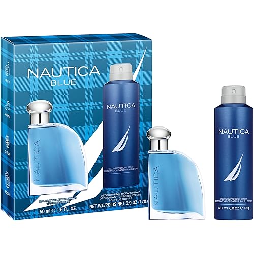 Nautica Blue Giftset 1.6 fl oz EDT + 6 oz Deodorizing Body Spray, Notes of Basil, Jasmine, and Cedarwood, Men's Fragrance, Long Lasting, Everyday Fragrance