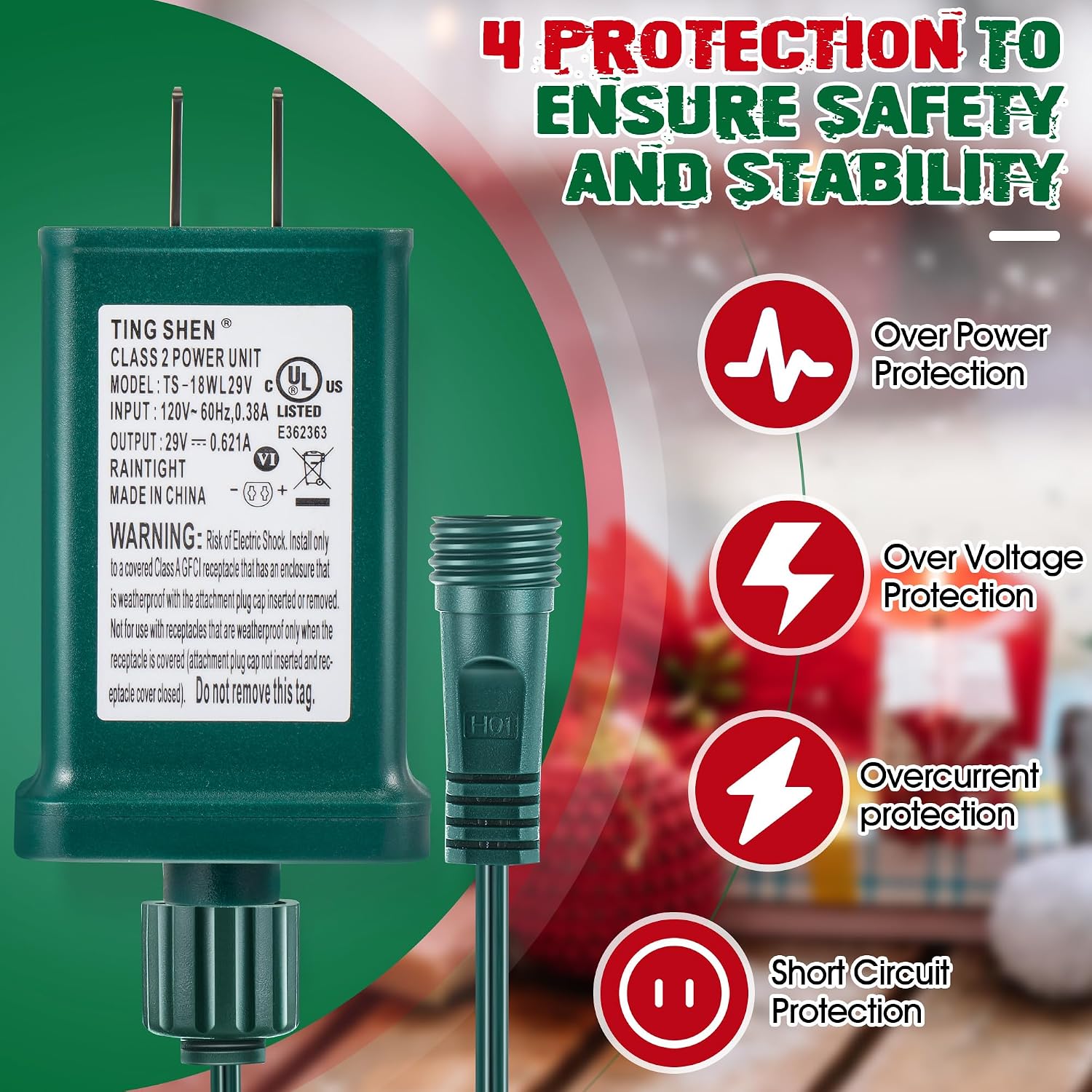 Meonum LED Power Supply, UL Certification Transformer Replacement Class 2 Power Supply with 3 Meter 2 Pin Extension Cable, Low Voltage Transformer US Plug Adapter for Christmas Tree Light(TS-18WL29V)
