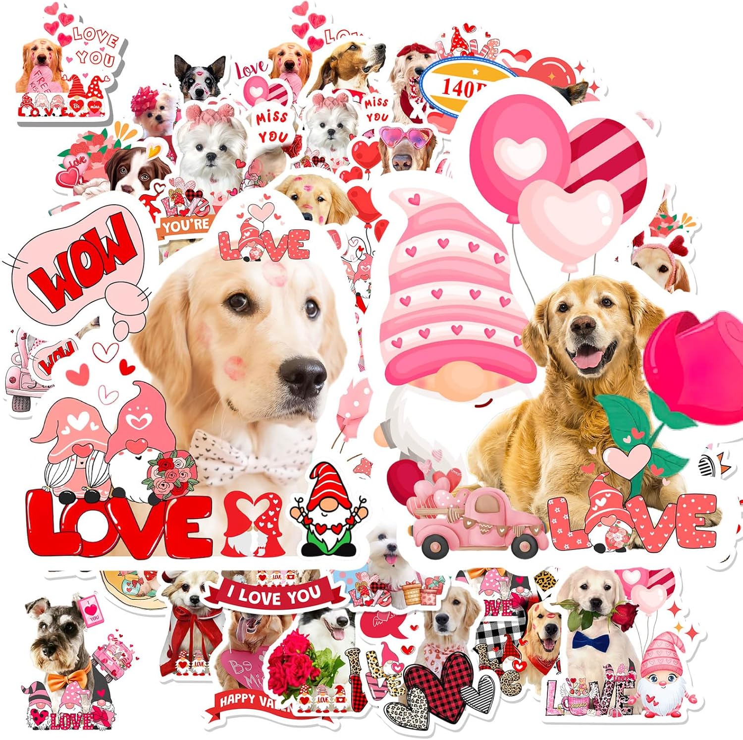 Valentine Dog Stickers for Kids-140 PCS Waterproof Love Themed Stickers for Water Bottles Laptops and Scrapbooks Perfect Valentine's Day Gifts for Children Valentine's Day Dog