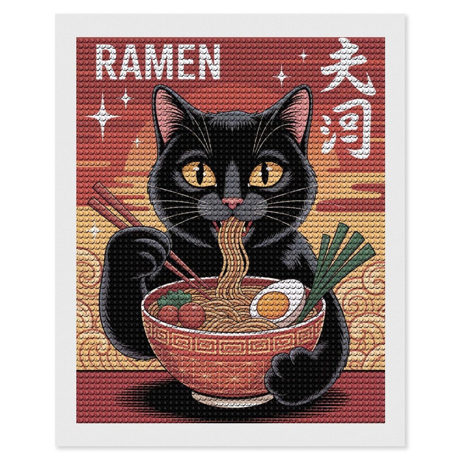 Junmoney Cat Eating Ramen Illustration Diamond Painting Canvas Set 16"x20", Full Kit Included, Calming Craft to Unwind, Farmhouse Decor, Christmas Gift