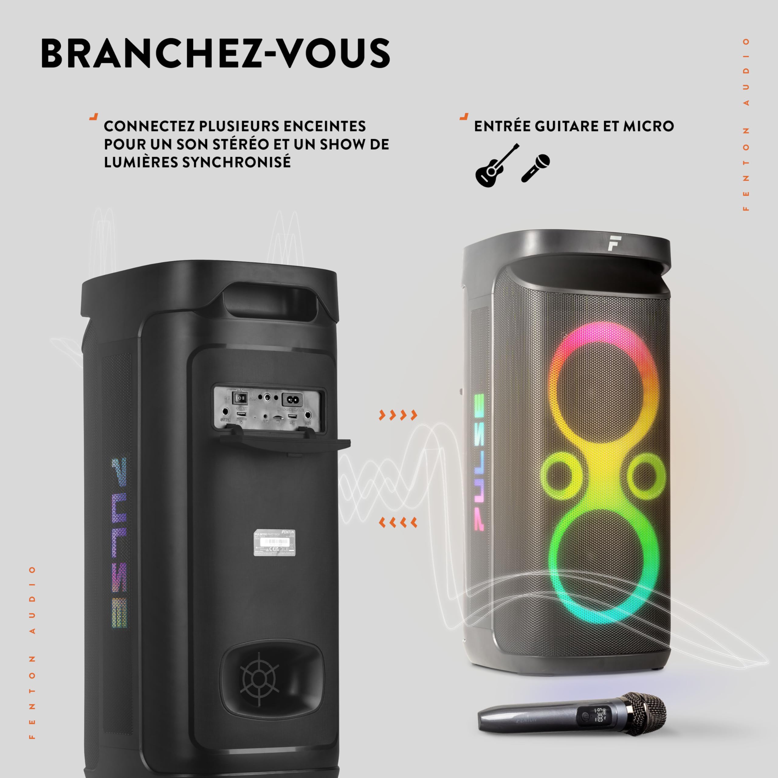Fenton Pulse130 Enceinte de Soirée Lumineuse Bluetooth - 260 Watts, Batterie Longue Autonomie 12H, Résistance aux Éclaboussures IPX4, Idéale pour Toutes Vos Soirées en Intérieur ou Exterieur
