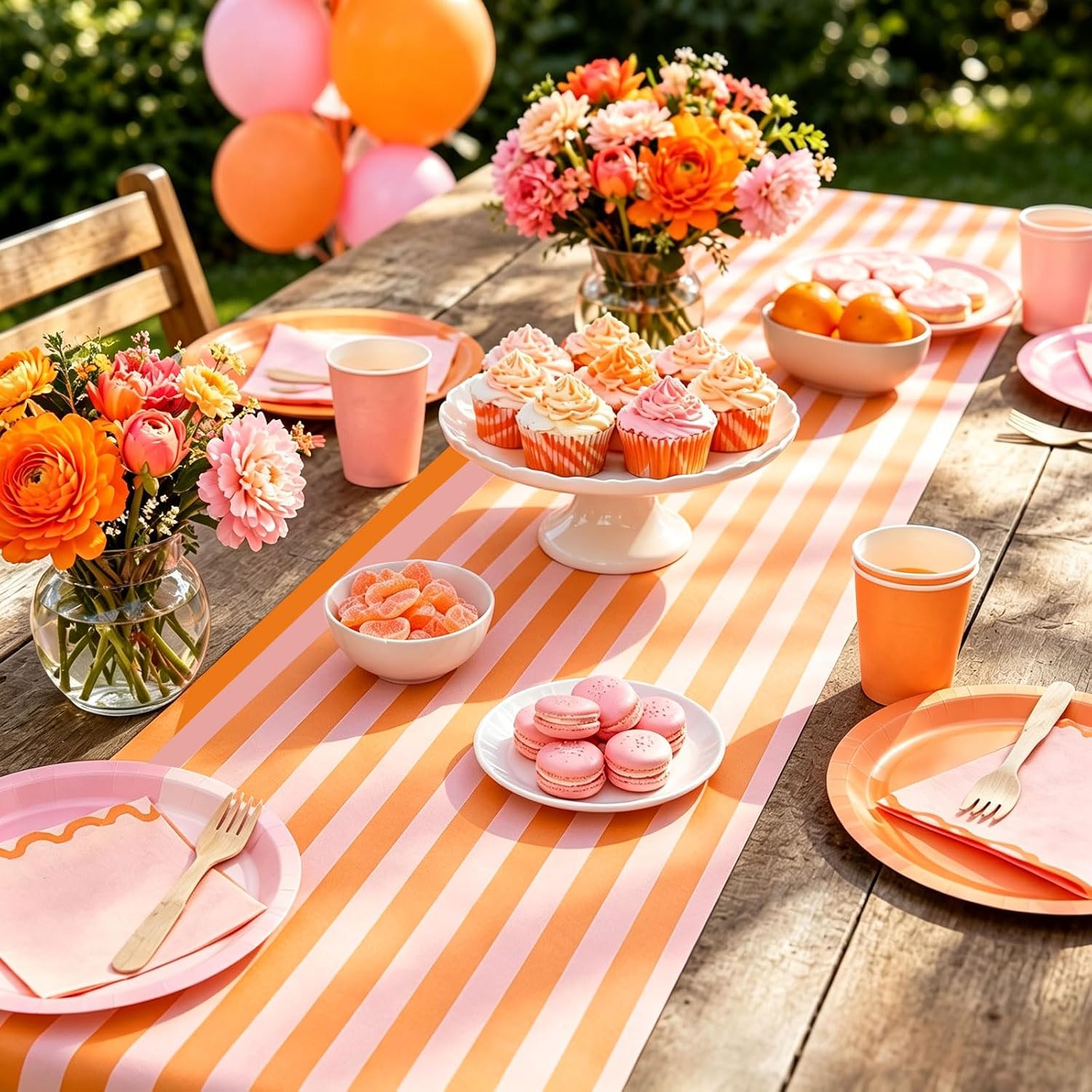 Whaline Striped Table Runner Roll 16 in x 25 Ft Disposable, Pink Orange