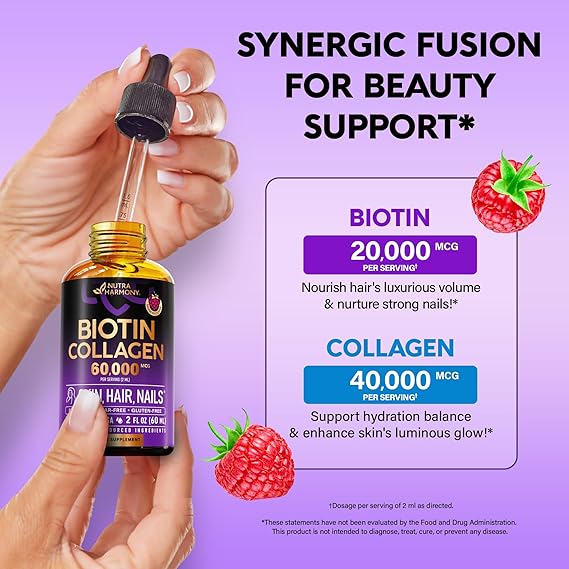 Liquid Biotin & Collagen 60,000 mcg - Vitamins for Hair Growth Support - Extra Strength Drops for Women & Men - Liquid Collagen Supplement - Strong Nails & Healthy Skin - Raspberry Flavor, 2 Fl Oz