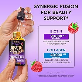 Liquid Biotin & Collagen 60,000 mcg - Vitamins for Hair Growth Support - Extra Strength Drops for Women & Men - Liquid Collagen Supplement - Strong Nails & Healthy Skin - Made in USA - 4 Fl Oz