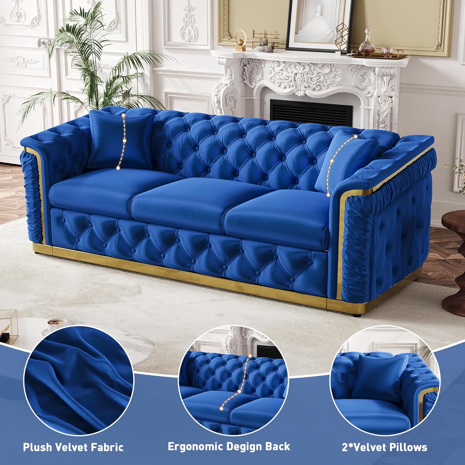 2 Piece Velvet Chesterfield Sofa Luxury Tufted Sofa Black and Gold Couch Set Mid Century Victorian Couch for Living Room Loveseat and 3 Seater with Throw Pillows & Classic Golden Decor, Blue