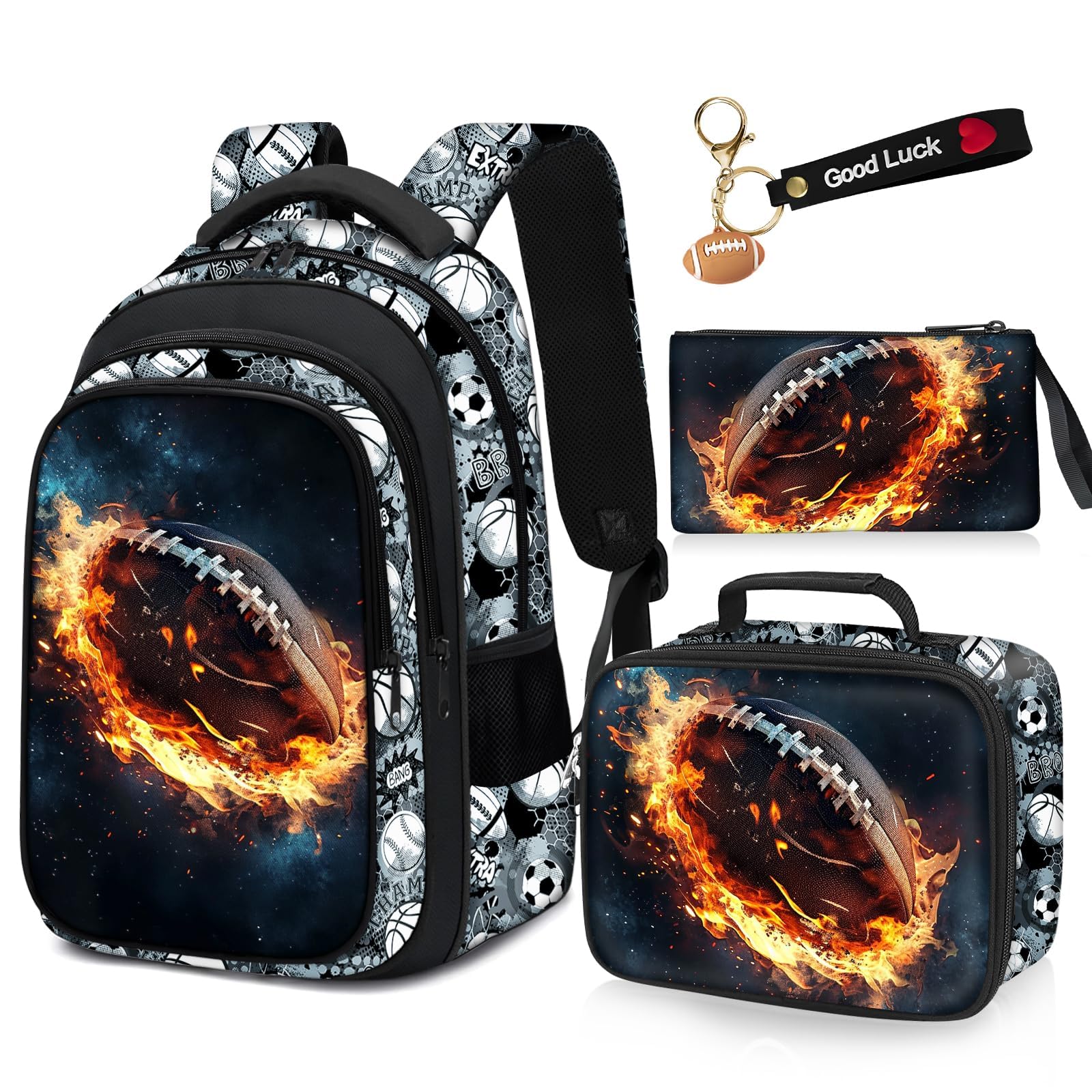 Fitvc School Backpack for Boys - 4pcs American Football Boys Backpack with Lunch Box Set for Kids Children Teens Elementary Middle School - 17″ Sport