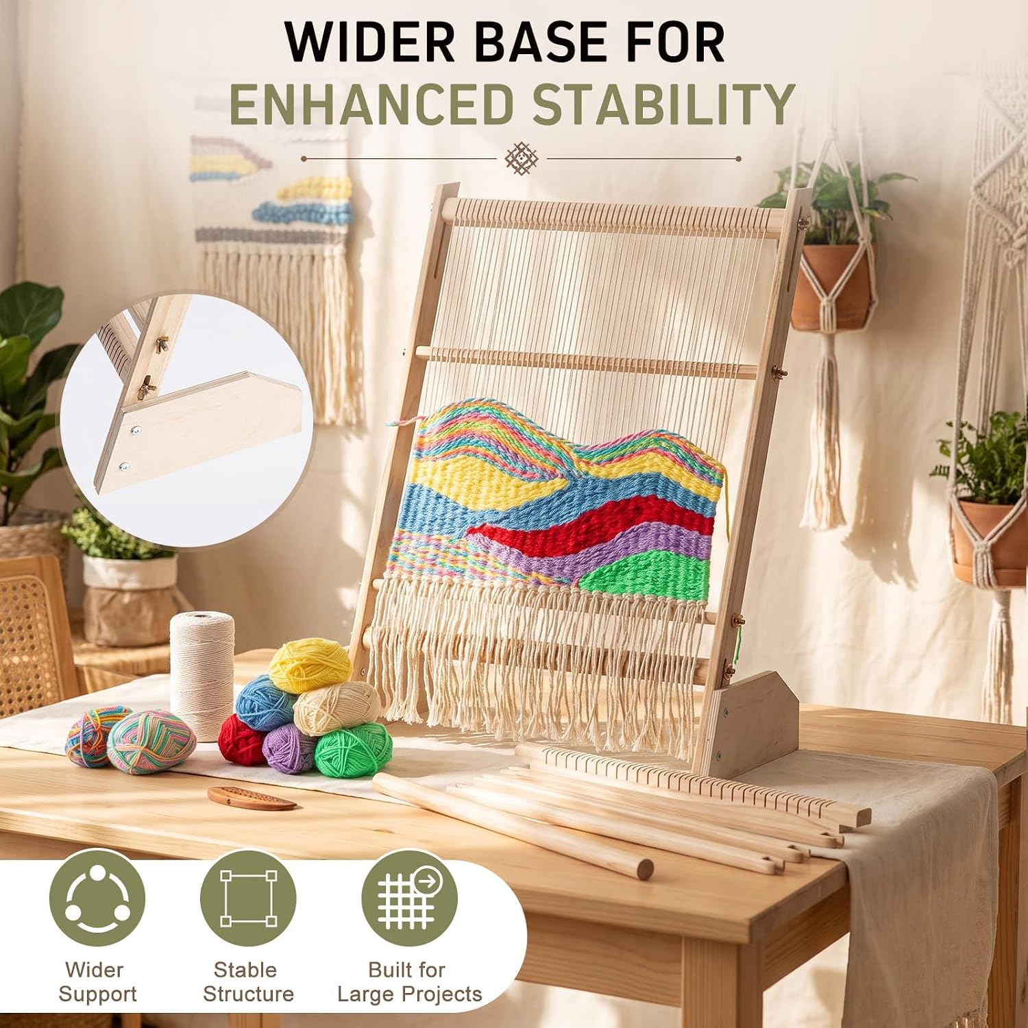 XunYee 25" H x 19.7" W Large Wooden Weaving Loom Kit with Stand for Adults