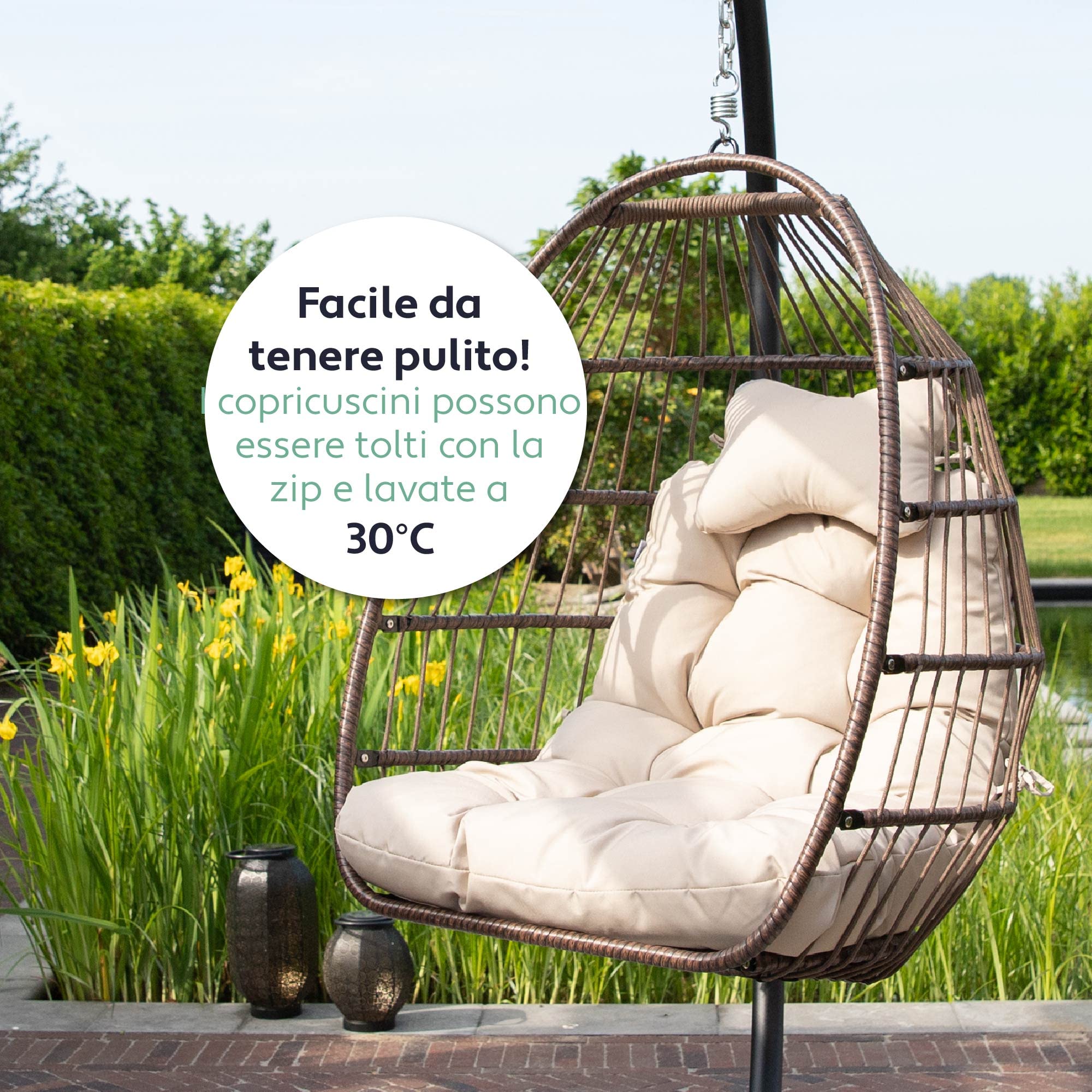 Vita5 Poltrona Sospesa da Giardino con grande Cuscino e Poggiatesta | Sedia a Dondolo con Struttura in Acciaio Capacità 150kg | Sedia Sospesa da Esterno o Interno con Supporto | Beige