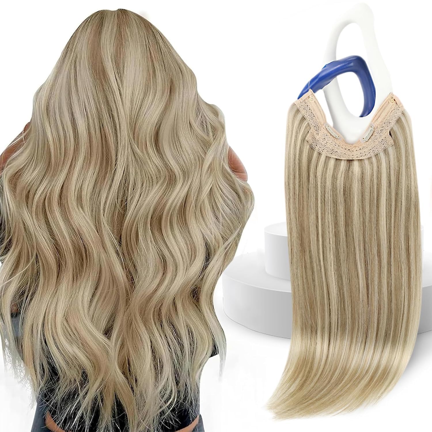 Sunny Hair Wire Hair Extensions for Women 16inch Straight Fish Line Human Hair Extensions Invisible Wire Extensions Easy to Apply Cool Brown Ombre Light Brown Balayage Blonde 85g — view 39