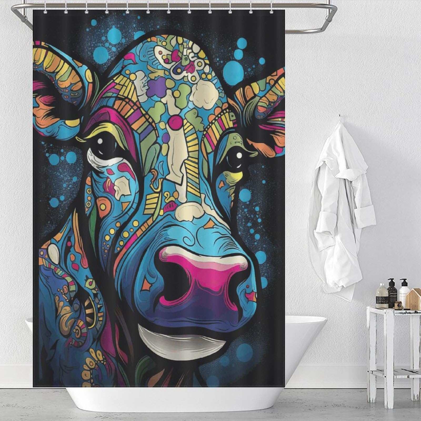 Rideau de douche anti-projections vache psychédélique en tissu lavable 122 x 183 cm pour petite douche