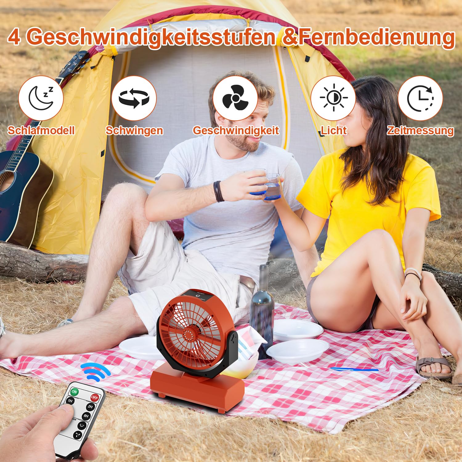 Ventilatore da campeggio con gancio e lanterna a LED, portatile, 20000 mAh, 2 in 1, orientabile a 270°, 3 velocità, ventilatore USB per campeggio, picnic, ufficio, camera da letto (arancione)