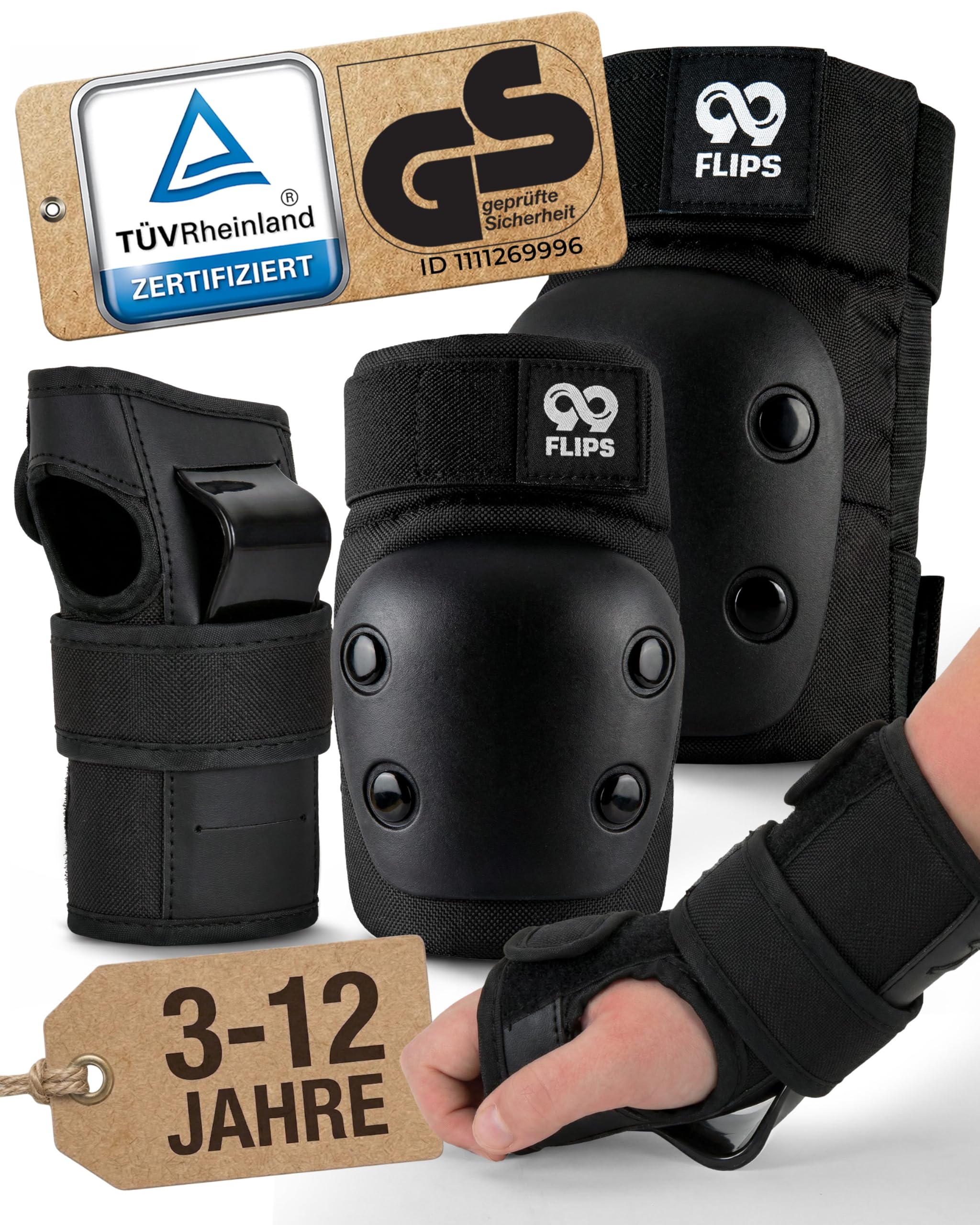 99FLIPS Schoner Inliner Kinder Knieschoner Kinder - Inliner Schoner Set - Schutzausrüstung - Knie und Ellenbogenschützer - SLIDE - Größe SM SCHWARZ - Knieschützer Skateboard, Scooter, Rollschuhe