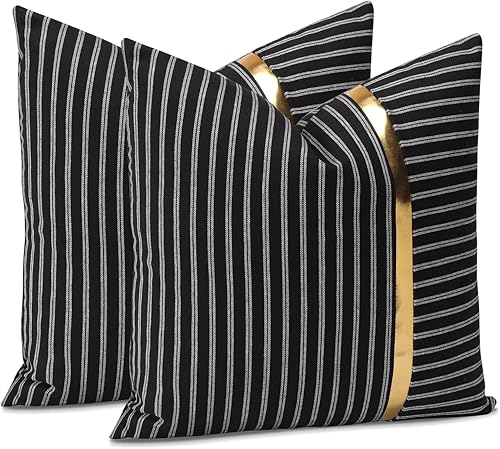 OTOSTAR Paquete de 2 fundas de almohada decorativas de cuero dorado a rayas de 18 x 18 pulgadas, funda de cojín cuadrada negra para sofá, cama, sala
