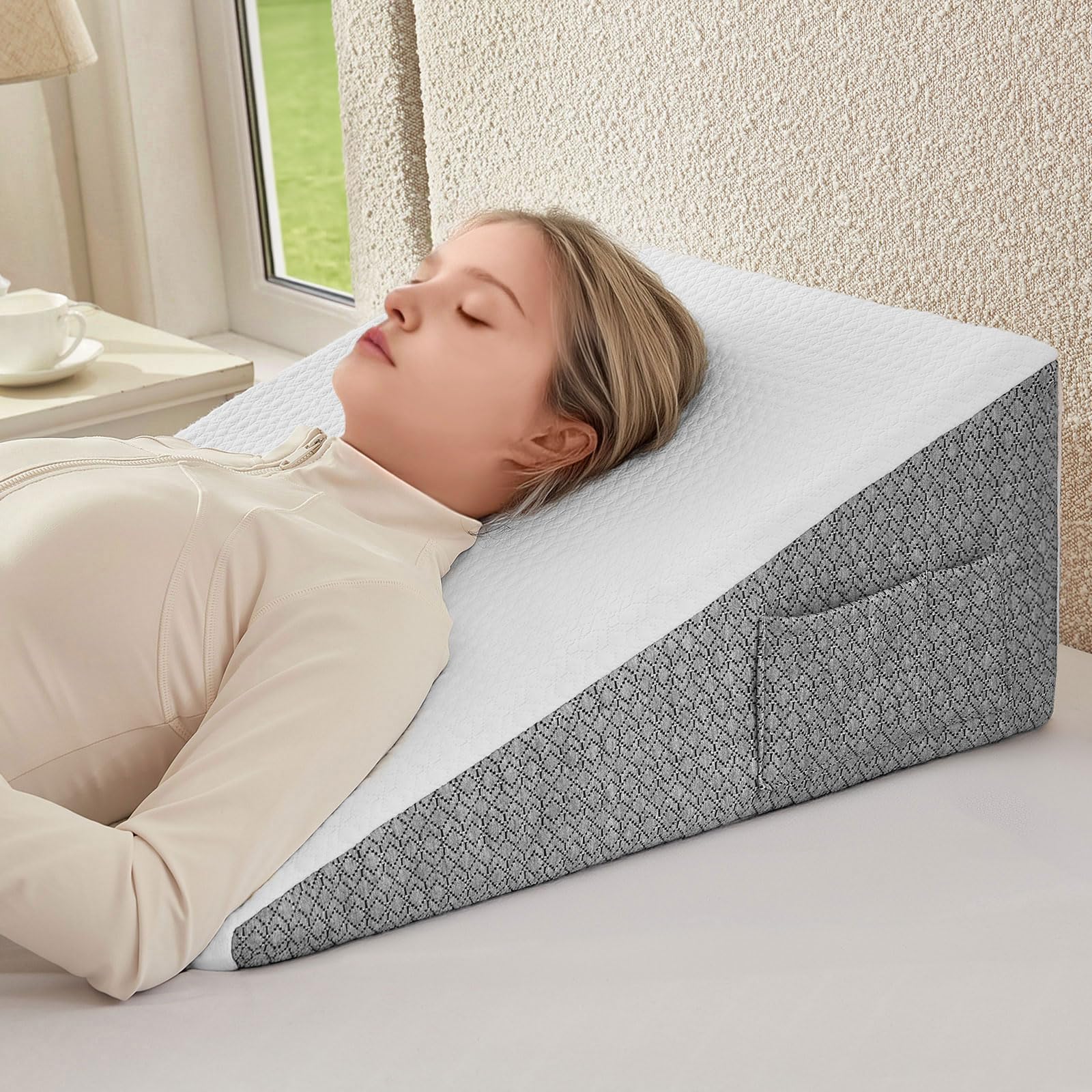 Wedge Pillow for Sleeping, 10 inch Bed Wedge Pillow for Acid Reflux Relief, Sleep Apnea, Snoring, Back Pain Relief, Memory Foam Wedge Pillow for Anti Snoring (Grey & White, 10 inch)