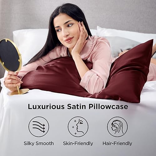 Miniatura 3 de Bedsure Funda de almohada de satén estándar para cabello y piel, paquete de 2 fundas de almohada de seda burdeos de 20 x 26 pulgadas, juego de 2