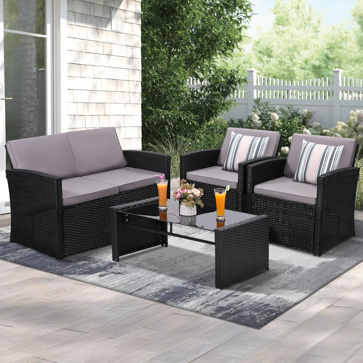 KROFEM 4-Piece Patio Furniture Set, Wicker Outdoor Rattan Sectional Sofa with Cushions and Glass Table, All-Weather Outdoor Conversation Set, Ideal for Garden, Porch, Backyard, Grey