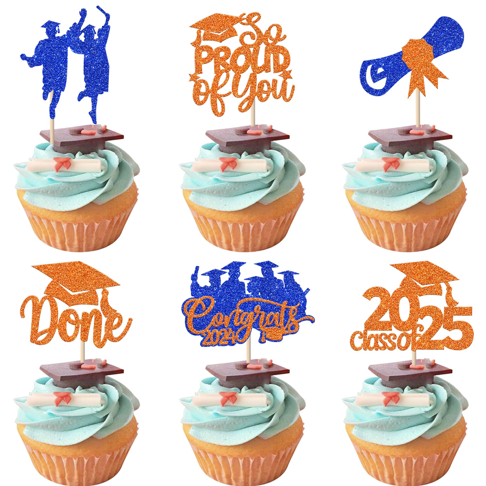 24 Pack Class of 2025 Cupcake Toppers Glitter Congrats 2025 Done Diploma Cupcake Picks for So Proud of You 2025 Graduation Theme Cake Decorations