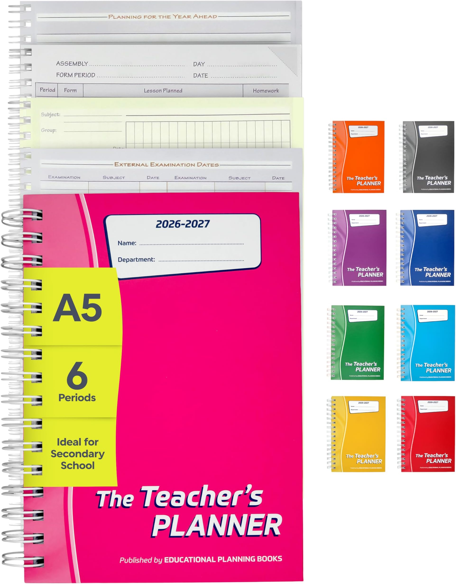 Educational Planning Books Teacher Planner 2026-27 A5, 6 Period (TP9-Pink) | 290 undated page-a-day pages, year planning, exams and marking sections, anti-scuff hardback, wiro bound