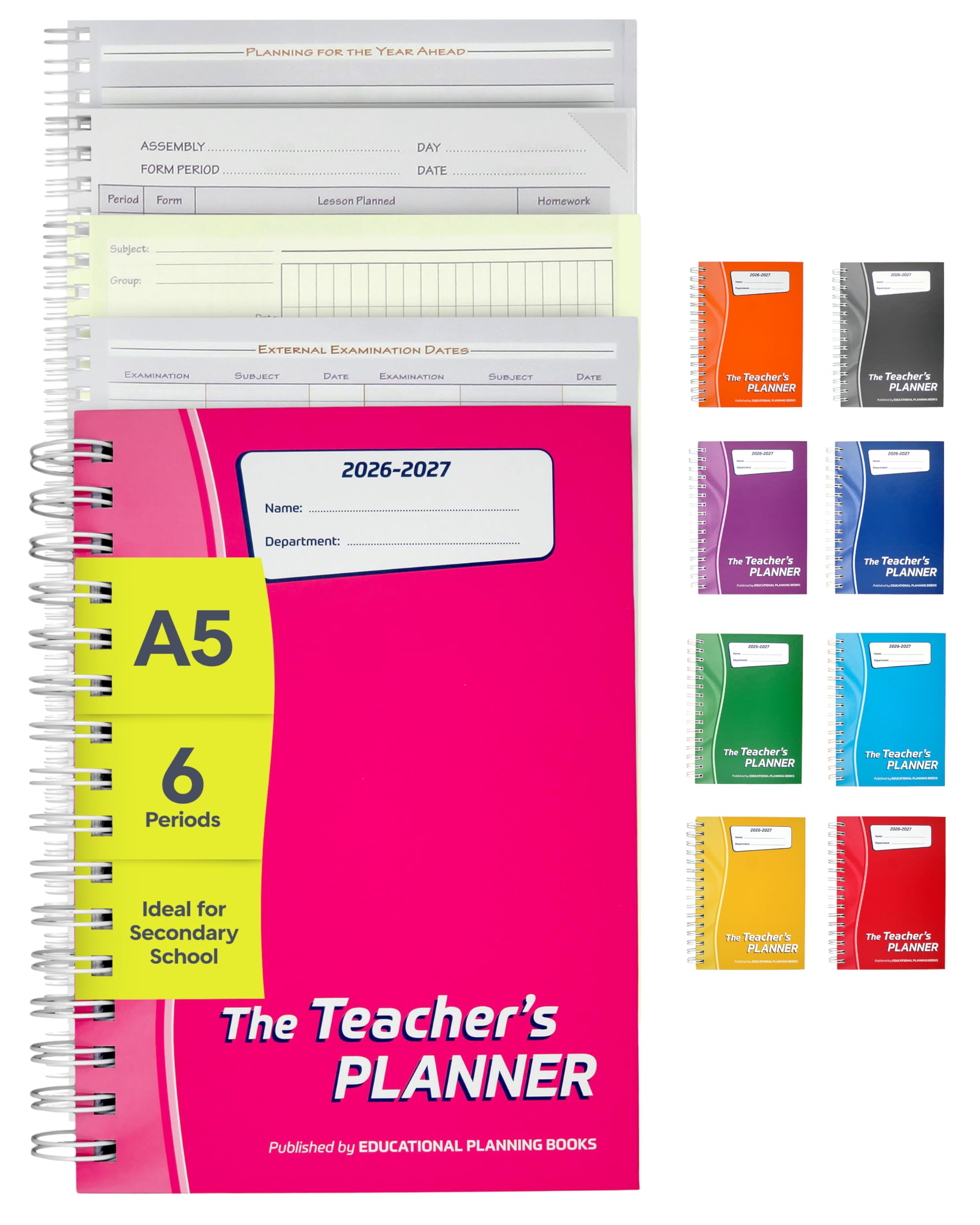 Educational Planning Books - The Teachers Planner 2026-2027 for Secondary School โ A5 โ Six Period Day โ Page-a-Day & Undated โ Dedicated Pages for Year Planning, Exams, Marking & more (TP9-Pink)