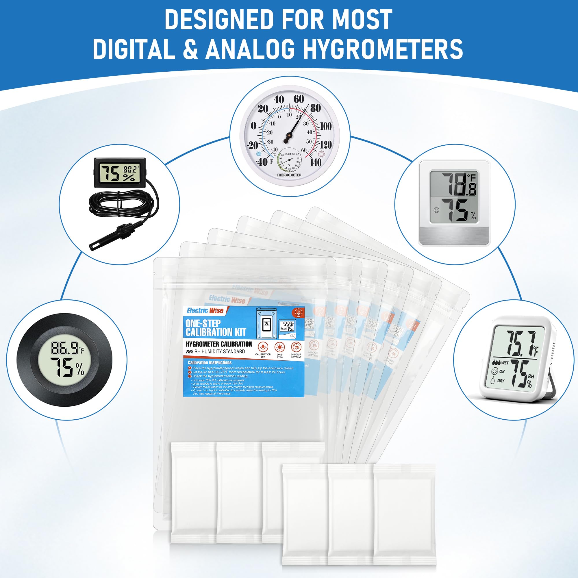 Confezione da 6 kit di calibrazione di igrometro monofase da 30 cm con controllo dell'umidità del 75% RH, pacchetti di controllo dell'umidità per igrometri e sensori digitali e analogici