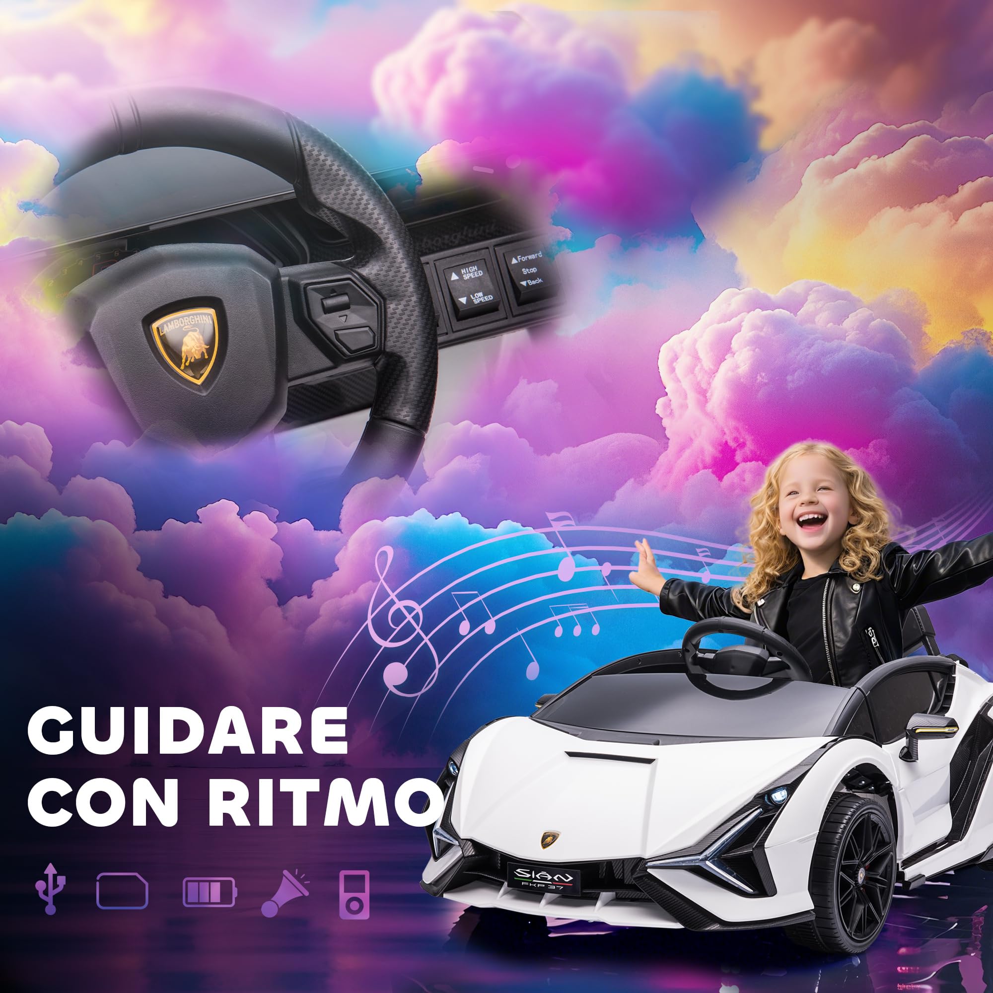 HOMCOM Macchina Elettrica per Bambini 3-5 Anni 12V Lamborghini SIAN, 3-5km/h Auto Elettrica per Bambini con 2 Motori, Fari e Musica, Telecomando, Cintura e Clacson, Bianco