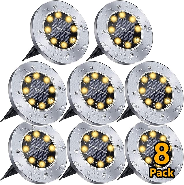 Solar Outdoor Garden Ground Lights, 8 LED Waterproof Patio Disk Lights, In-Ground Landscape Lighting, Floor Path Lights for Walkway, Lawn, Steps Decks, Pathway Yard Stairs Fences, Warm White (8 Pack)