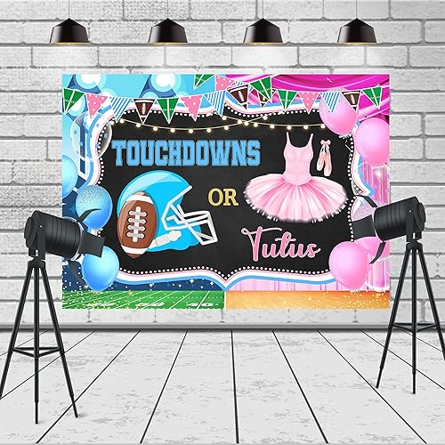 Miniatura 3 de Ufeela Touchdowns o tutus Gender Reveal telón de fondo 7 pulgadas de ancho x 5 pies de alto, tela de poliéster, rosa, azul, fútbol americano,